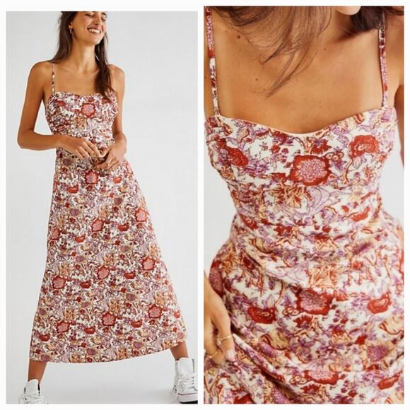 New Free People Ruby's Sweetheart Midi Dress $148 SIZE 2 Red Berry Floral - Picture 6 of 8